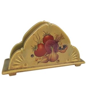 Vntg Pottery Napkin Holder with Hand-Painted Vegetables & Mushrooms Motif. USA